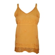 Mogul Women's Tank Blouse Yellow Embroidered Stylish Comfy Strappy Top M