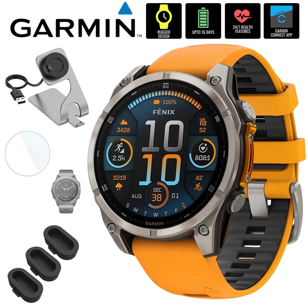 Garmin 010-02904-10 Fenix 8 47 mm, AMOLED, Sapphire,Titanium with Spark Orange Silicone Band Bundle with Deco Essentials Charging Dock, 3x Silicone Dust Cover and 1.4 Inch Screen Protector
