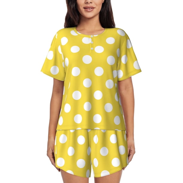 Fotbe Yellow And White Polka Dot Conjunto de Pijama Estampado para Mujer, 2 Piezas, Ropa de Dormir con Camiseta de Manga Corta y Shorts Suaves-Medium