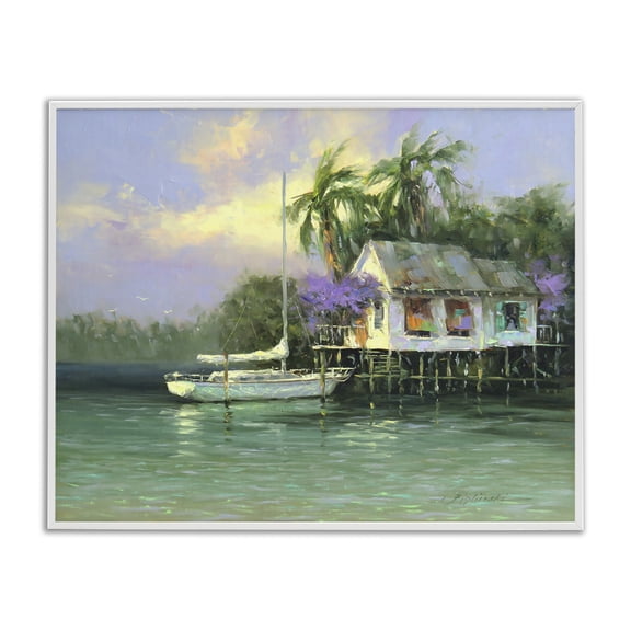 Stupell Industries Tropical Summer Ocean Pier Palm Trees White Framed Giclee Art, 20 x 16, by Martin Figlinski