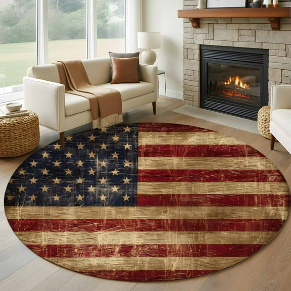 Vintage American Flag Round Rug 5ft Washable Circle Kitchen Rugs Non Slip Farmhouse Shabby Retro Red Blue Large Area Rug Indoor Floor Carpet for Bedroom Living Room Home Office Dining Room Nursery