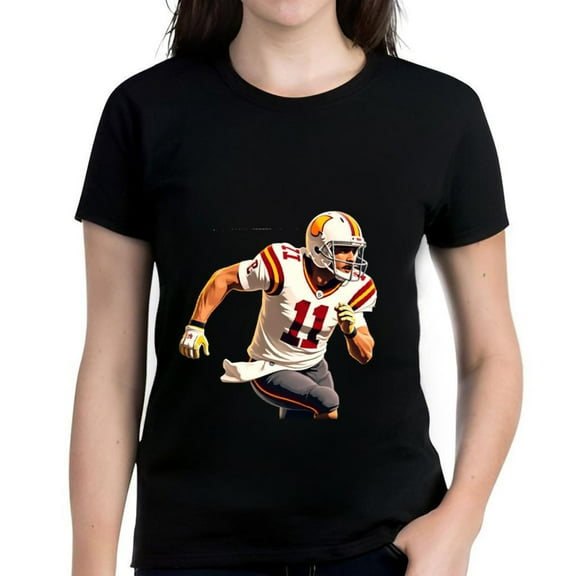 Women's Cotton Short Sleeve T-Shirt with Football Player Graphic - Number 11 in White Jersey with Red & Yellow Stripes