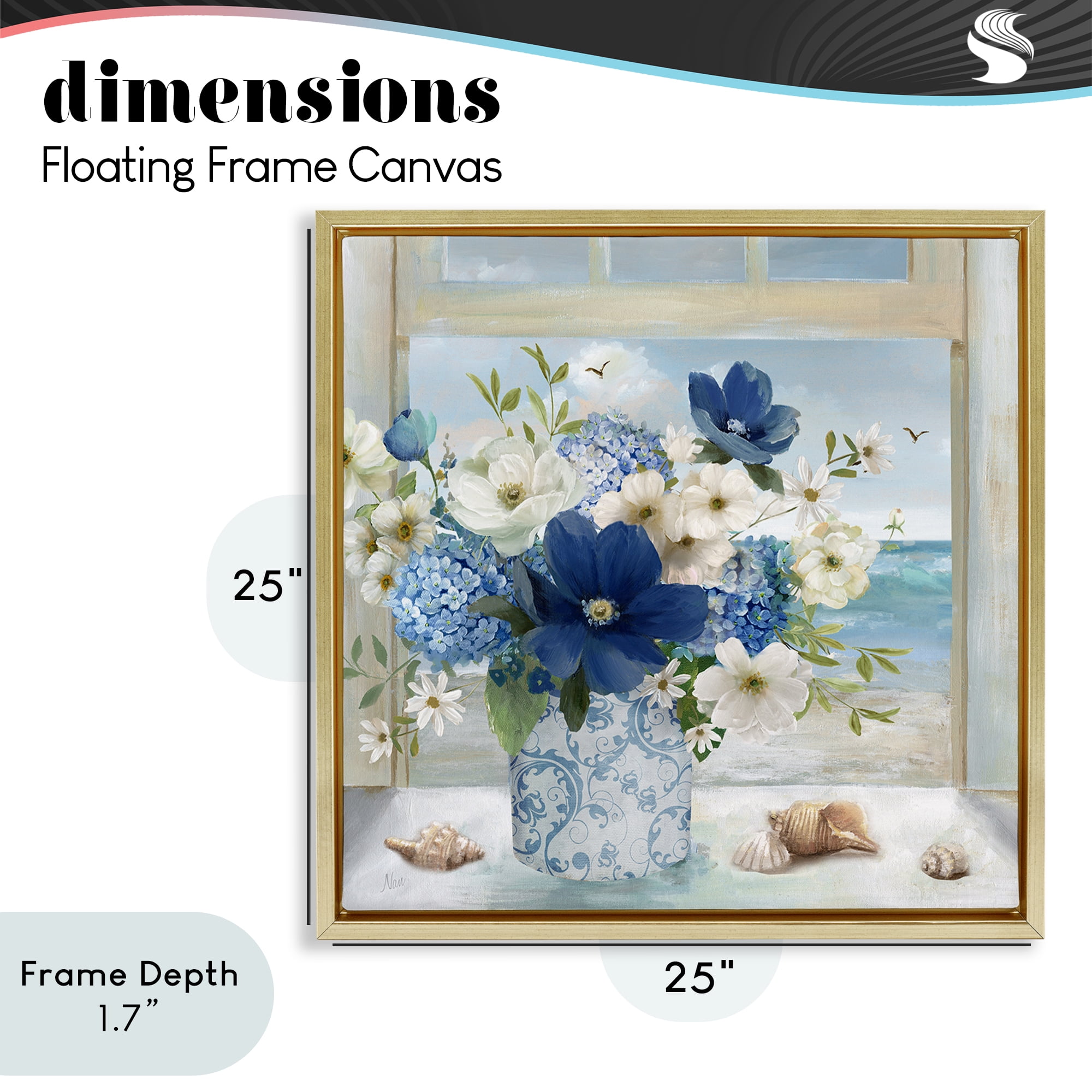 Stupell Industries Seaside Blue & White Arrangement Gold Framed Floater Canvas Wall Art, design by Nan