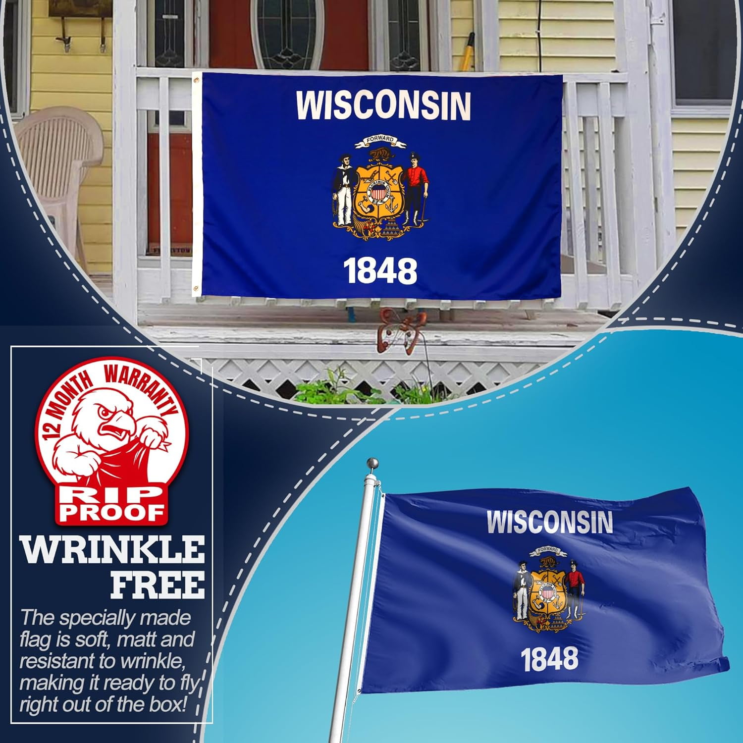 Anley Rip-Proof Double Sided 3-Ply Wisconsin State Flag 3x5 Foot - Wisconsin WI Flags