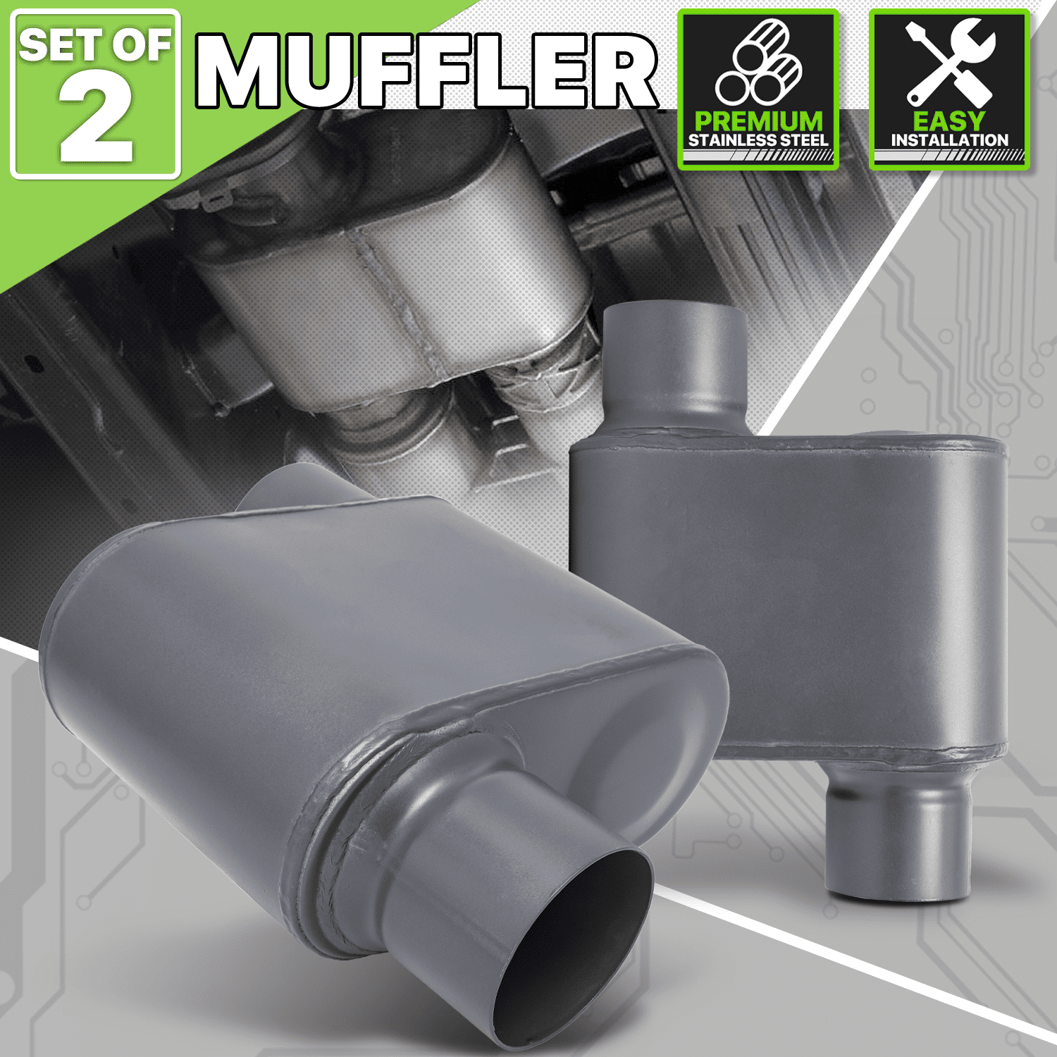 Magshion 2.25 Inch Inlet/Outlet 1 Pair Chambered Exhaust Muffler Straight-Through Stainless Steel Round Tip, Gray