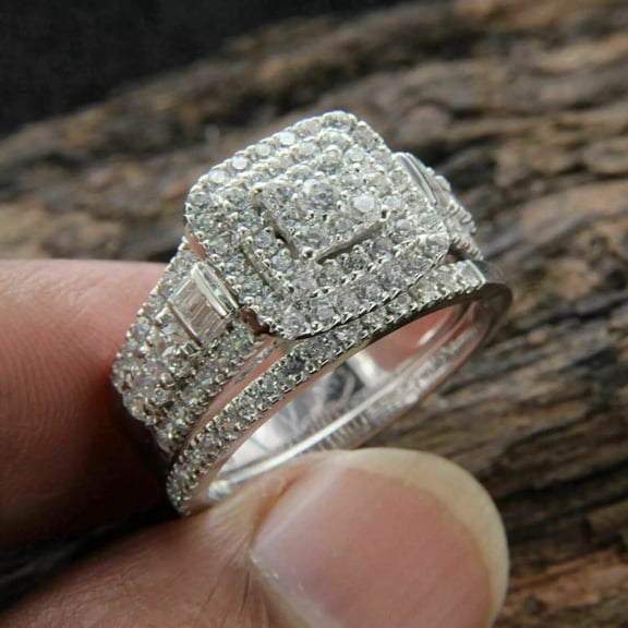 Silver & Stone Jewels 3 Ct Round Cubic Zirconia Engagement Wedding Ring Set 14k White Gold Plated