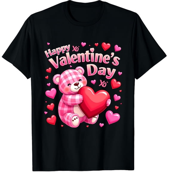 Happy Valentines Day Cute Bear Valentine Heart Graphic Black T-Shirt for Men and Women