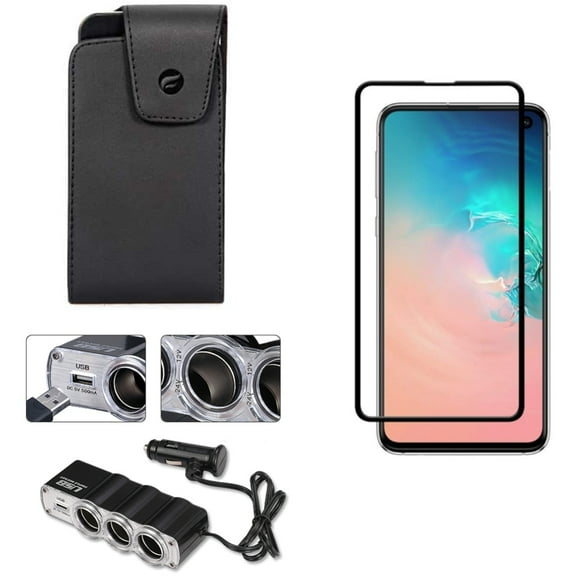 Galaxy S10e Screen Protector w Case Belt Clip w Car Charger - Tempered Glass 5D Curved Edge, Leather Swivel Holster, Splitter 3-Port DC Socket for Samsung Galaxy S10e Phone