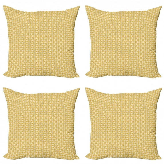 Abstract Geometry Throw Pillow Cushion Case Pack of 4, Continuous Bicolored Symmetrical Floral Motifs Pattern, Modern Accent Double-Sided Print, 4 Sizes, Pale Earth Yellow White, by Ambesonne