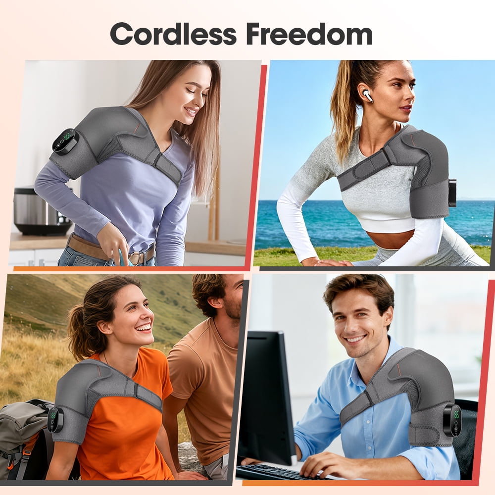 Heated Shoulder Wrap, Cordless Shoulder Heating Pad for Men Women, Electric Shoulder Heated Brace, 5 Heat Settings, 3 Auto-Off (Grey)