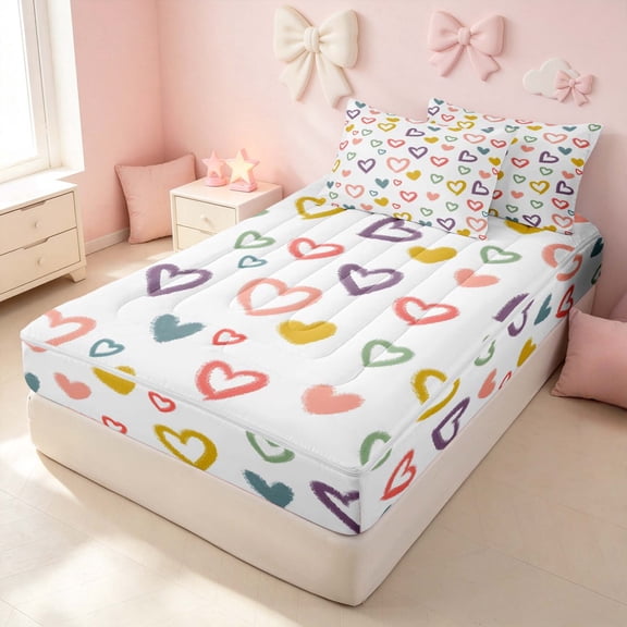 Erosebridal Kawaii Hearts Print Zipper Twin Comforter Sets with Fitted Sheet and 2 Pillowcases, Love Theme Zipper Bedding Set, Pink Reversible