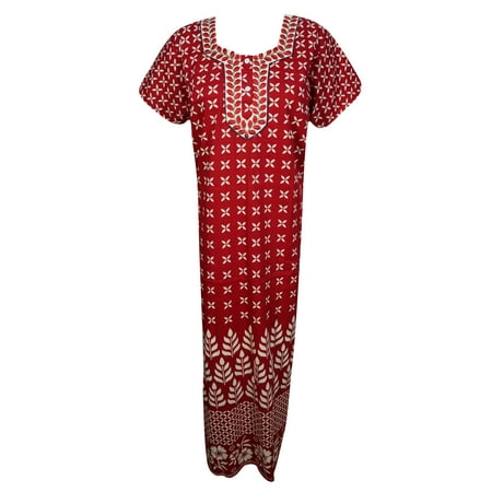 Short Caftan - Mogul Womens Cotton Printed Maxi Dress Short Sleeves Night Wear Evening Comfy Sleepwear House Dress Caftan L