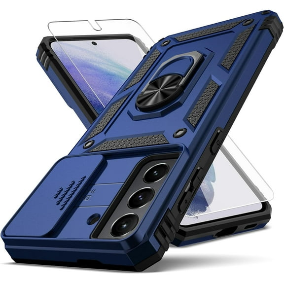 for Samsung Galaxy S21 Case,with Camera Lens Cover HD Screen Protector,[Military Grade] Ring Car Mount Kickstand Hybrid Hard PC Soft TPU Shockproof Protective Case for Galaxy S21, Blue