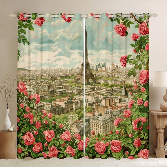 Manfei Teens Adults Eiffel Tower Black Out Curtains,Romantic Valentine's Day Curtains Pack of 2 (42x63 Each),Chic Floral Rose Bedroom Curtains,Super Cozy Room Decor