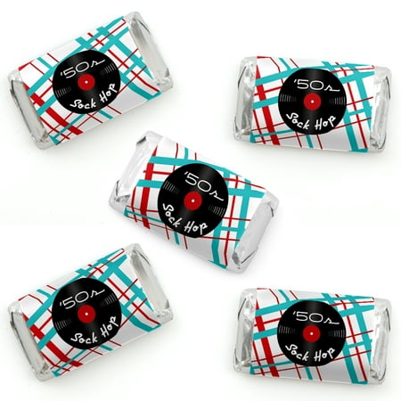 50's Sock Hop - Mini Candy Bar Wrapper Stickers - 1950s Rock N Roll Party Small Favors - 40 Count