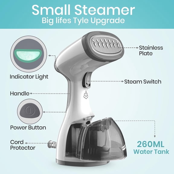 Steamer for Clothes 1500W, 30S Fast Heat Plancha a Vapor Para Ropa, 260ML Water Tank Clothing Garment Fabric Iron Travel Steamer Handheld Portable for Wrinkles