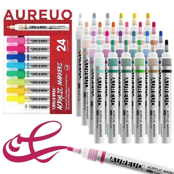 AUREUO 24 Colors Acrylic Paint Markers, Water-Based Paint Pens with 2mm Medium Tip for Rock Painting, Wood, Glass, Ceramic, Canvas, DIY Crafts, Quick-Drying & Waterproof