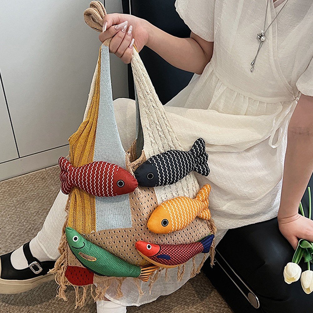 Jiibva Crochet Beach Shoulder Bag for Women Summer Tote handbags Shoulder Boho Bag with Handmade Fish for Summer Vacation
