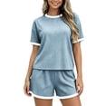 thumbnail image 4 of Womens Ribbed Knit Two-Piece Set Casual Short Sleeve T Shirt And Shorts Matching Outfit With Contrast, 4 of 8