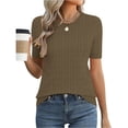 thumbnail image 2 of Women's Cable Knit Short Sleeve Sweater Tops Round Neck Lightweight Casual Outfit Spring Summer Office Streetwear Vacation Khaki S, 2 of 4