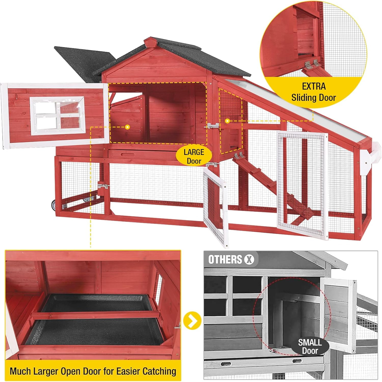 Aivituvin Mobile Chicken Coop with Wheels for 2-4 Chickens, Weatherproof Chicken House Poultry Cage with Nesting Box, Leakproof Pull-Out Tray for Outdoor Backyard, Red