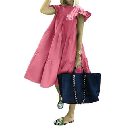 

Peyakidsaa Mid-length Dress for Women Ruffle Sleeve Round Neck Loose One-piece