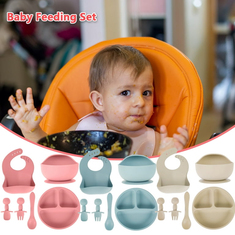 Sutowe Baby Feeding Set 6pcs Baby Weaning Supplies Feeding Bowl Tableware Bowl Plate Spoon Fork Bib Waterproof Spoon Non-Slip Toddler Feeding Set