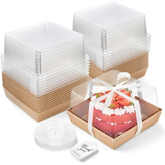 7 x 7 x 4 Inches Paper Cake Boxes with Clear Lids, 20 Pack Disposable Charcuterie Boxes Square Food Containers for 4-6 Inch Cake, Dessert, Pie, Cupcake, Bakery (Brown)
