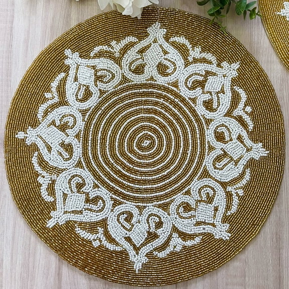 Enliven, Set of 2, Handmade beaded placemat, Gold and White, bead charger, tablemat