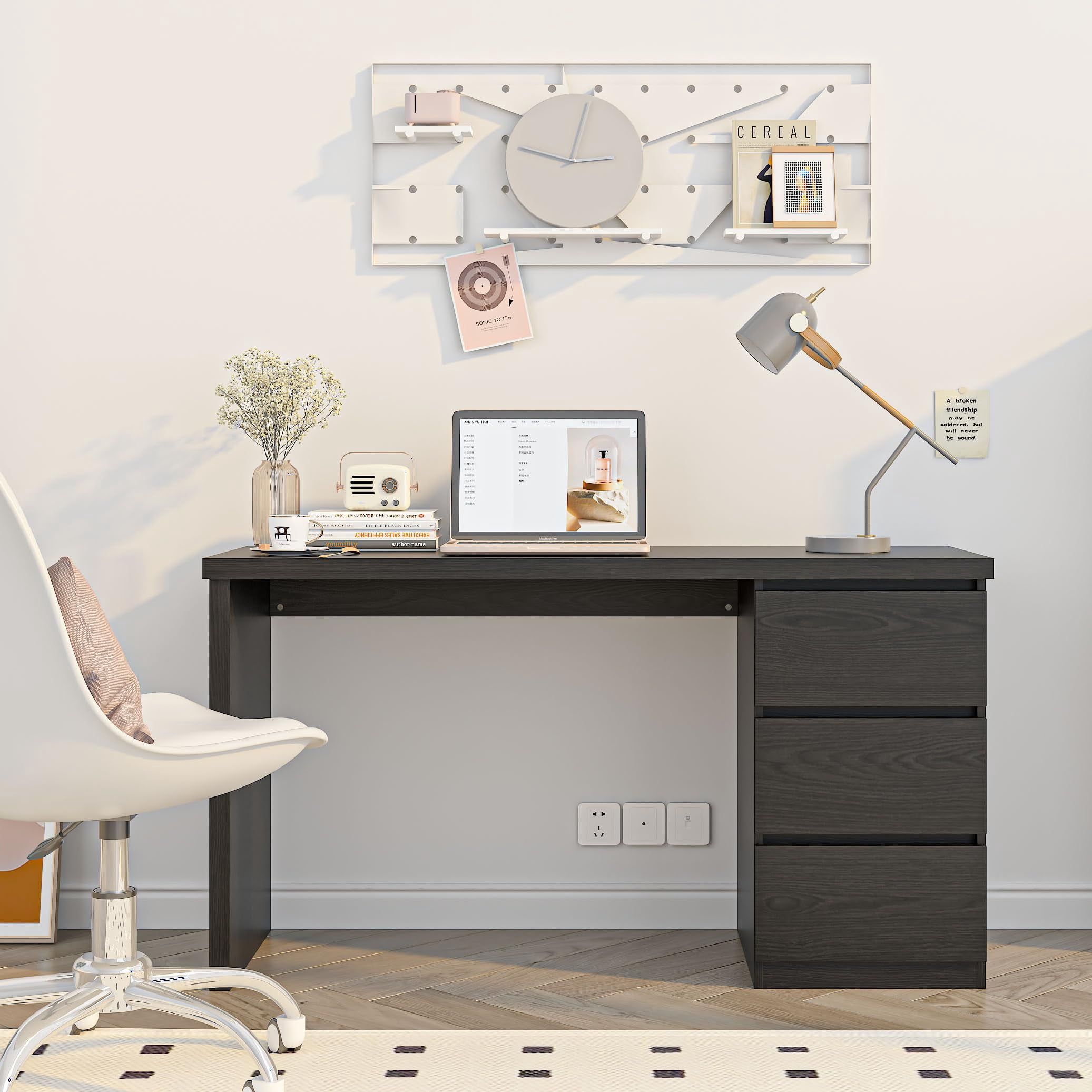 Computer Desk with Drawers, Wood Work Desk, Home Office PC Desk Workstation with Storage, Modern Gaming Computer Table for Bedroom, Living Room, 53.5 inches, Black