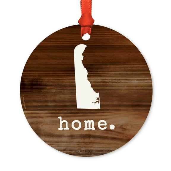 US State Round Metal Christmas Ornament, Rustic Wood Print, Delaware, Includes Ribbon and Gift Bag