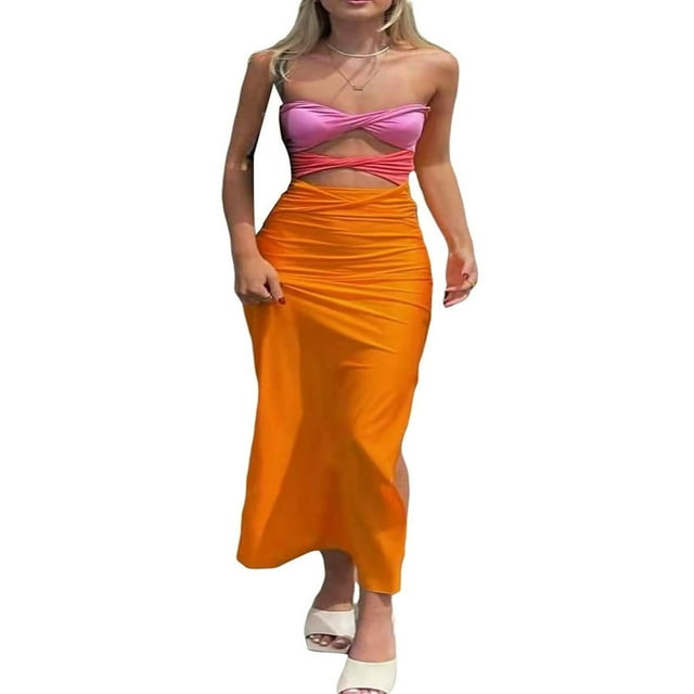 Robe Longue Ajourée pour Femmes Bodycon Dos Nu Maxi Robe Col en V Bretelles Spaghetti Robe Cocktail