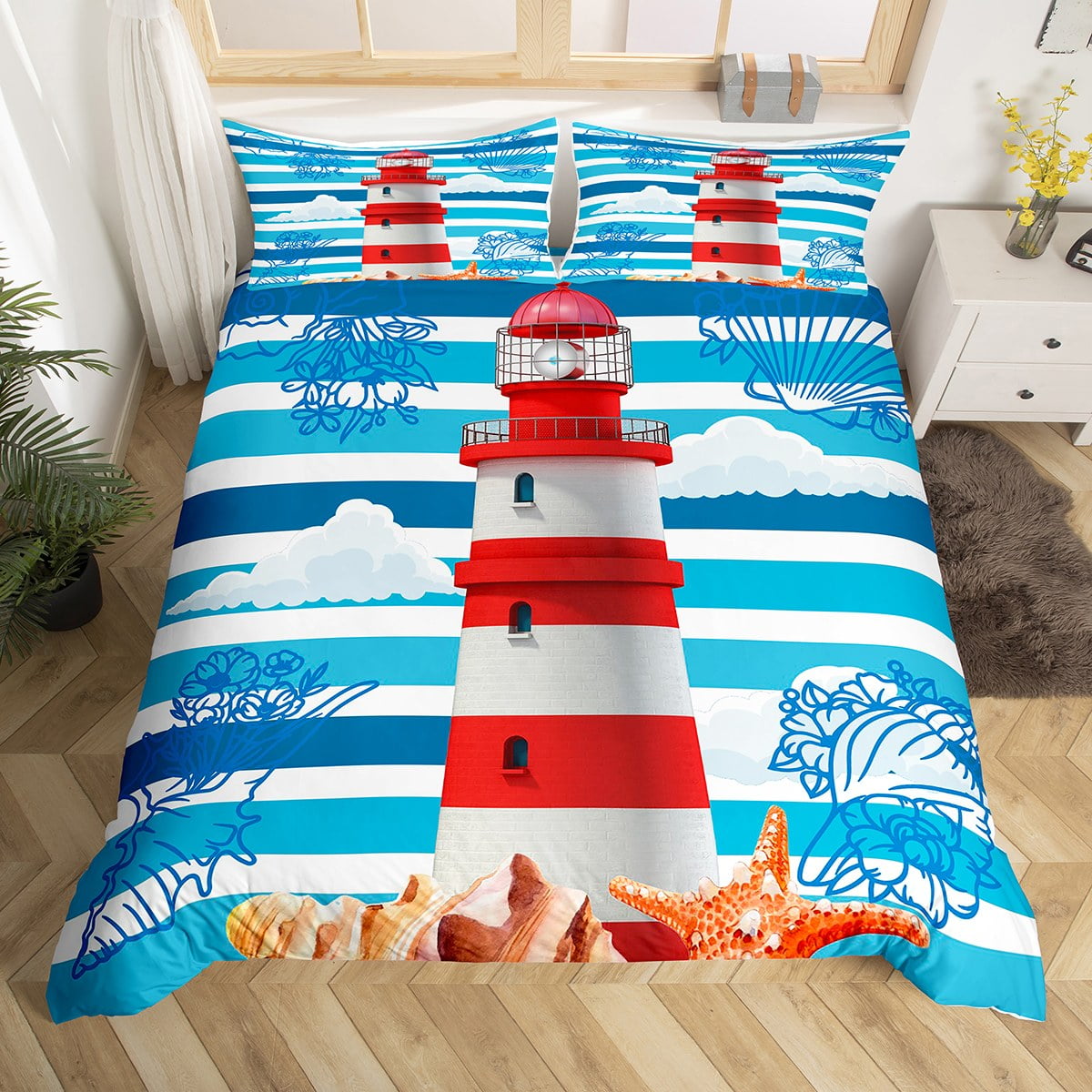 YST Nautical Duvet Cover Twin Red White Lighthouse Bedding Set, Blue