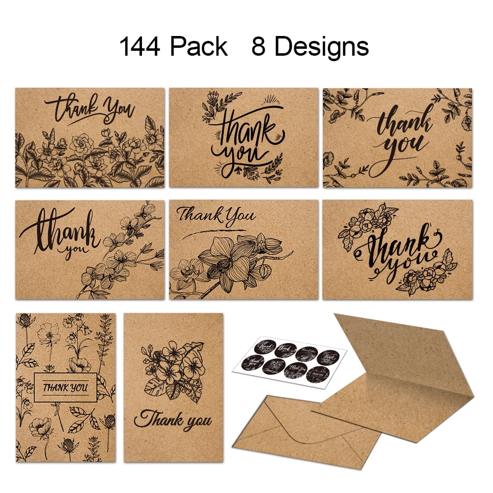144 Bulk Brown Kraft Thank You Cards with Envelopes & Stickers, 8 Elegant Designs, 4x6 inch