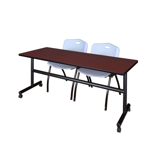 Regency Kobe 72 x 30 in. Flip-Top Training Nesting Table- Mahogany, 2 M Stack Chairs- Grey