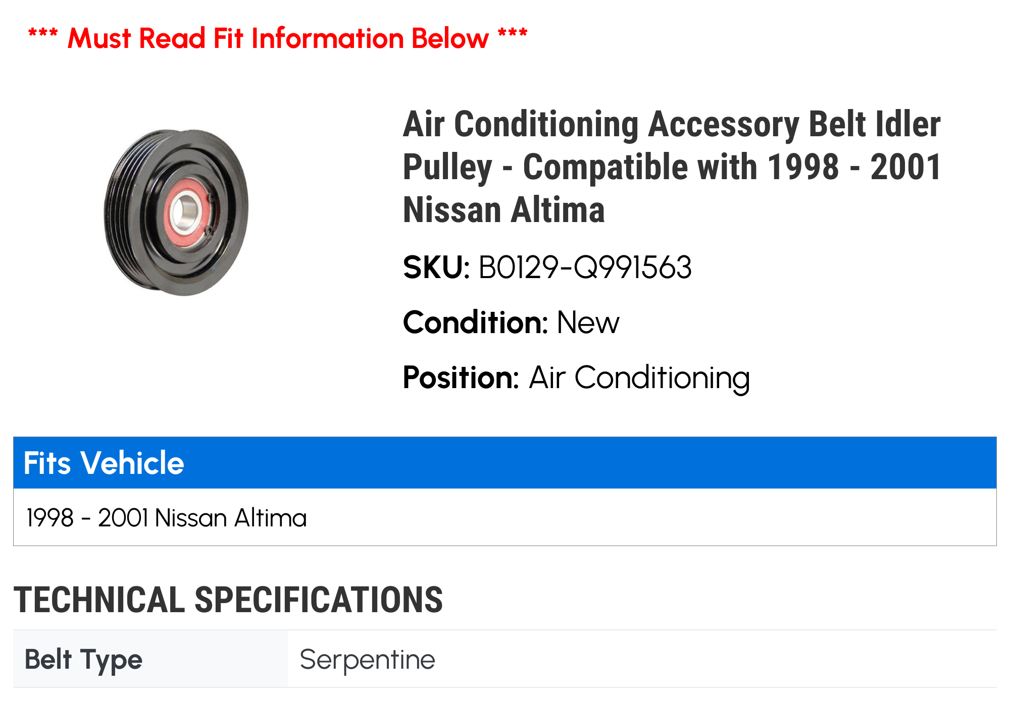 Air Conditioning Accessory Belt Idler Pulley - Compatible with 1998 - 2001 Nissan Altima 1999 2000
