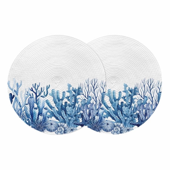 Nautical Coastal Round 13 Inch Placemats Set of 2, Summer Ocean Coral Starfish Conch Blue HeatResistant Non Slip Place Mats for Dining Table, Wipeable Braided Kitchen Table Mats for Housewarming