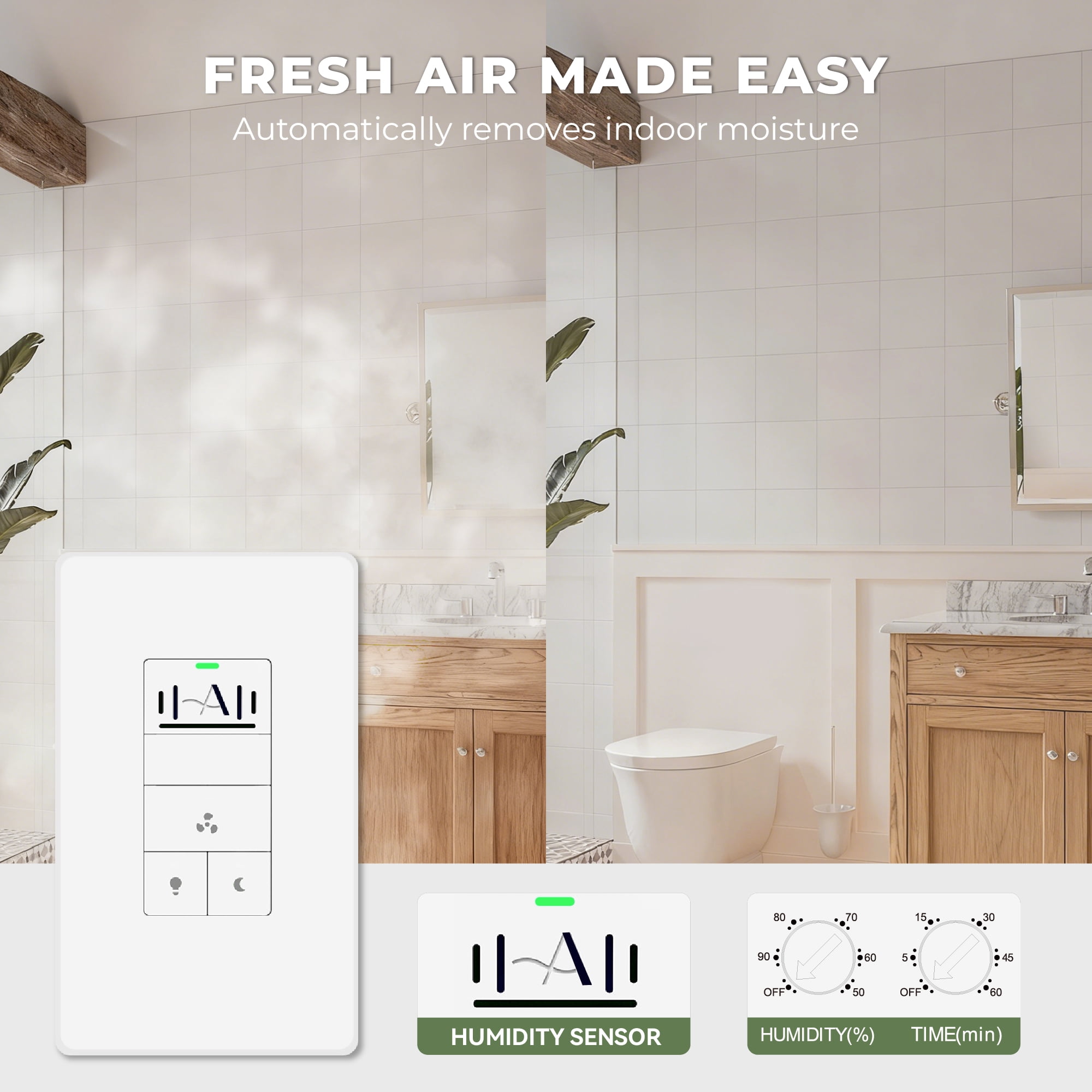 Akicon Humidity Sensor Light Switch with Night Light Radar Sensor Plate,Timer Switch for Bathroom Exhaust Fan, UL Listed, White