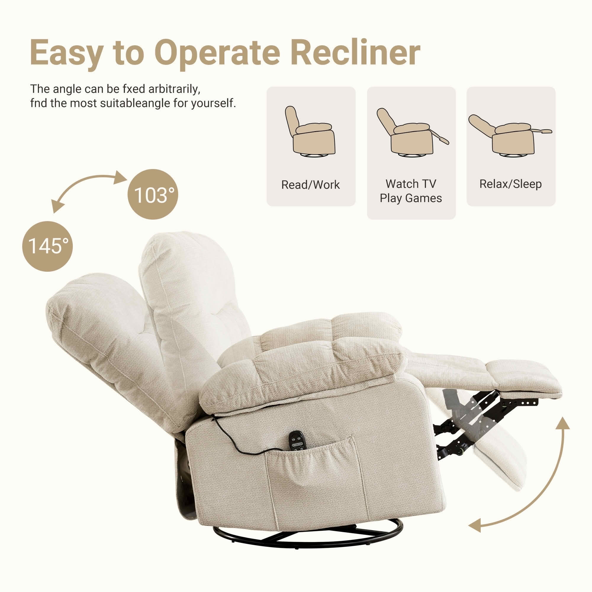 MAYEERTY Ergonomic Adjustable Rocking Rotating Lounge Chair, Vibration Massage Recliner with Lumbar Heating, Chenille Fabric High Load‑Bearing Leisure Chair for Home Use