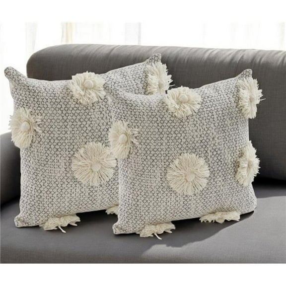HomeRoots 554577 Gray & Ivory Floral Cotton Throw Pillow with Fringe - Set of 2