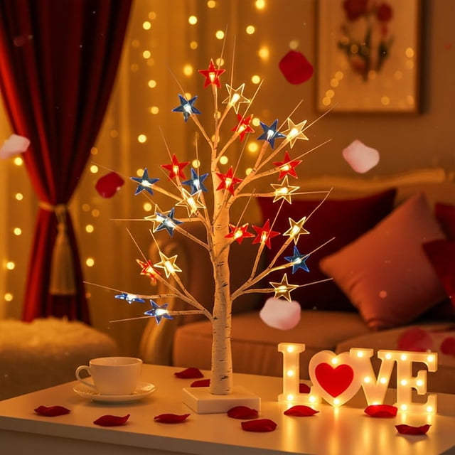 Árbol de Abedul Iluminado con 18 Corazones LED Rosados y Temporizador, Decoración de San Valentín de 24 Pulgadas