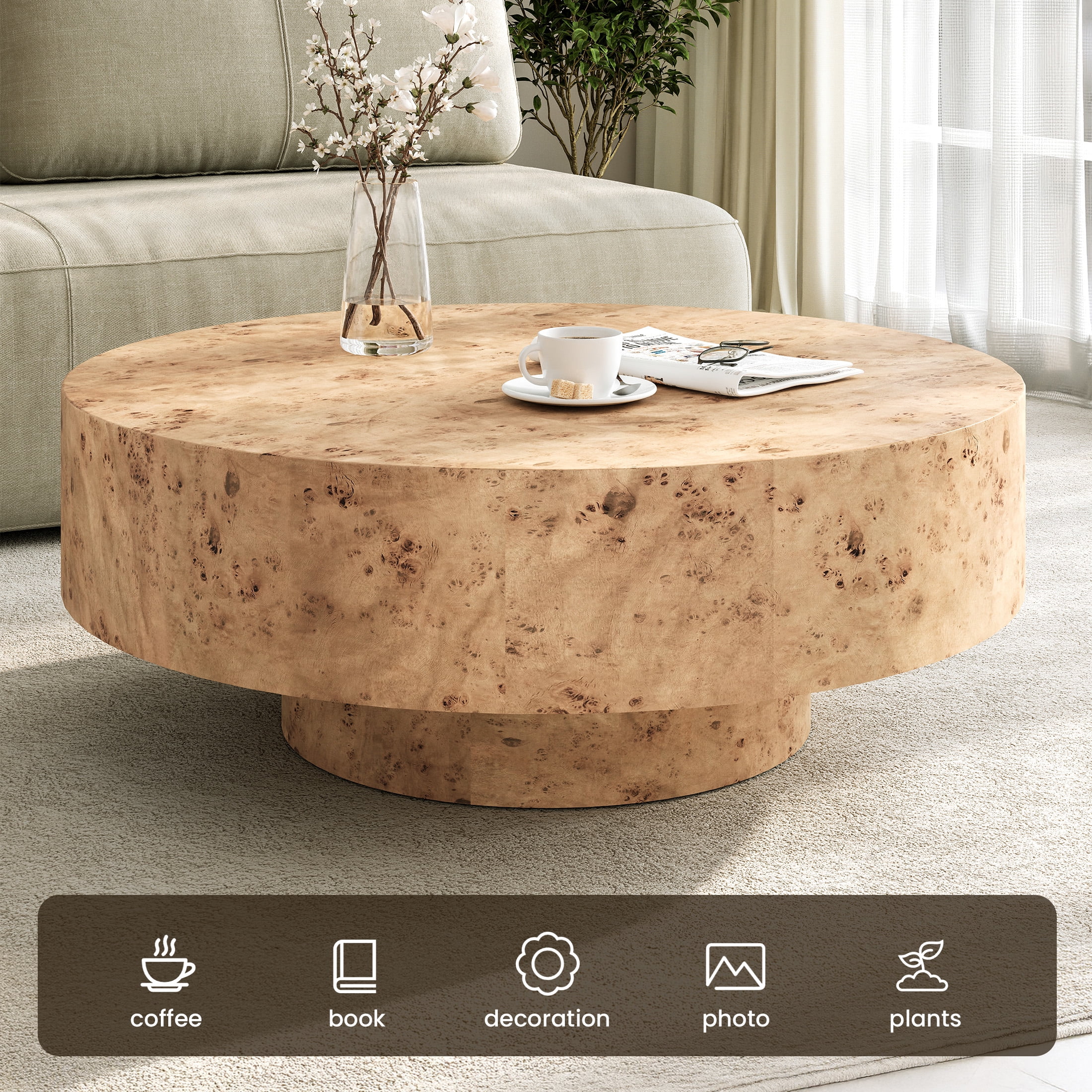 Gelloan 35" Round Coffee Table, Modern Drum Burl Coffee Tables for Living Room 35" Mid Century Wooden Pedestal Circle Accent Small Center Apartment Easy Assembly,Burl