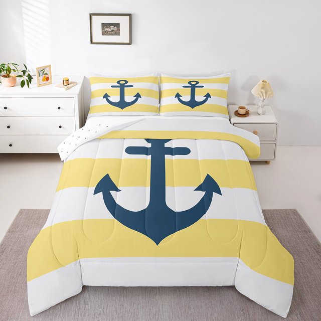 Erosebridal Anchor Bedding Twin Comforter Set,Nautical Theme Down Comforter,Stripes Decor,Reversible,2-Piece