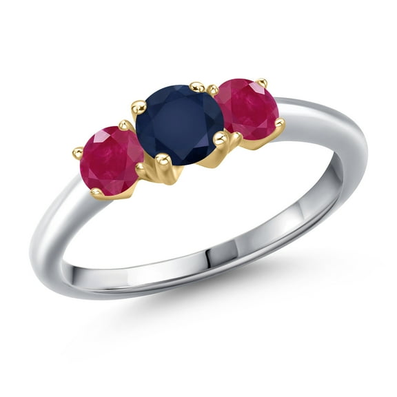 Gem Stone King 925 Silver and 10K Yellow Gold Blue Sapphire and Red Ruby Engagement Ring for Women | 1.30 Cttw | Round 5MM | Gemstone September Birthstone | Size 8