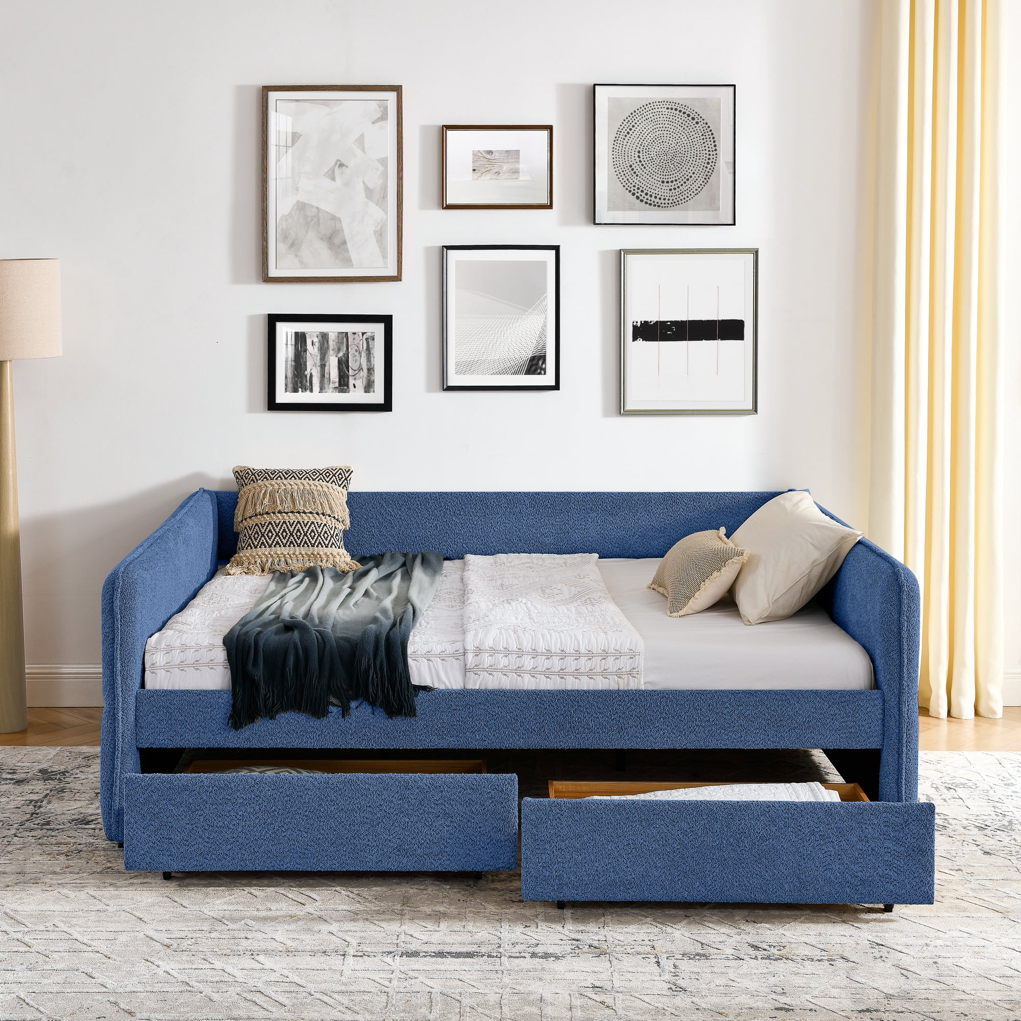 Mintazer Queen Upholstered Daybed with 2 Storage Drawers, Modern Sofa Bed for Living Room & Bedroom, Blue