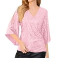 thumbnail image 2 of JGNGSHN Womens Sparkly Sequin Tops Dressy 3/4 Sleeve V Neck Wrap Shimmer Glitter Blouse for Evening Party Club Cocktail Pink XXXL, 2 of 7
