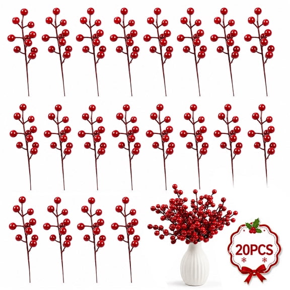 Artificial Red Berry Stems Christmas Decorations Burgundy Red Berry Picks Holly Berries Branches for Christmas Tree Crafts Wedding Holiday Season Winter Home Decor 8" 20Pcs