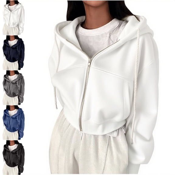 Danhjin Cropped Zip up Hoodies for Women Fall Winter Loose Sweatshirts Long Sleeve Comfy Soft Hooded Jackets Solid Color Fashion Outwear Coats