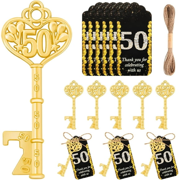 Qonmpcvu 50Pcs 50th Gold Key Bottle Opener 50th Birthday Party Favors, 50th Anniversary Souvenirs Return Gifts 50th Key Beer Bottle Opener With Thank You Cards For Party Birthday Wedding Shower (50)