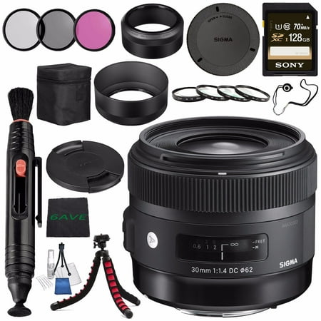 Sigma 30mm f/1.4 DC HSM Art Lens for Canon #301101 + 62mm 3 Piece Filter Kit + Sony 128GB SDXC Card + Lens Pen Cleaner + Microfiber Cleaning Cloth + Tripod Bundle (International Model No